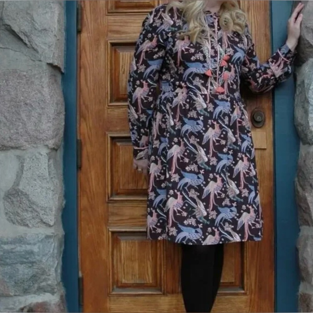 LOFT Peacock Print Dress Women’s 4 Petite | Long Sleeve | Eclectic Bird Print